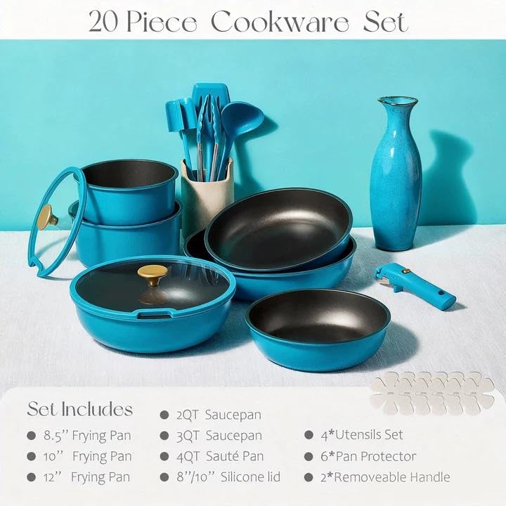 CAROTE 21pcs Pots and Pans Set, Nonstick Cookware Set Detachable Handle, Induction Kitchen Cookware Sets Non Stick with Removable Handle, RV Cookware Set, Gold and Purple