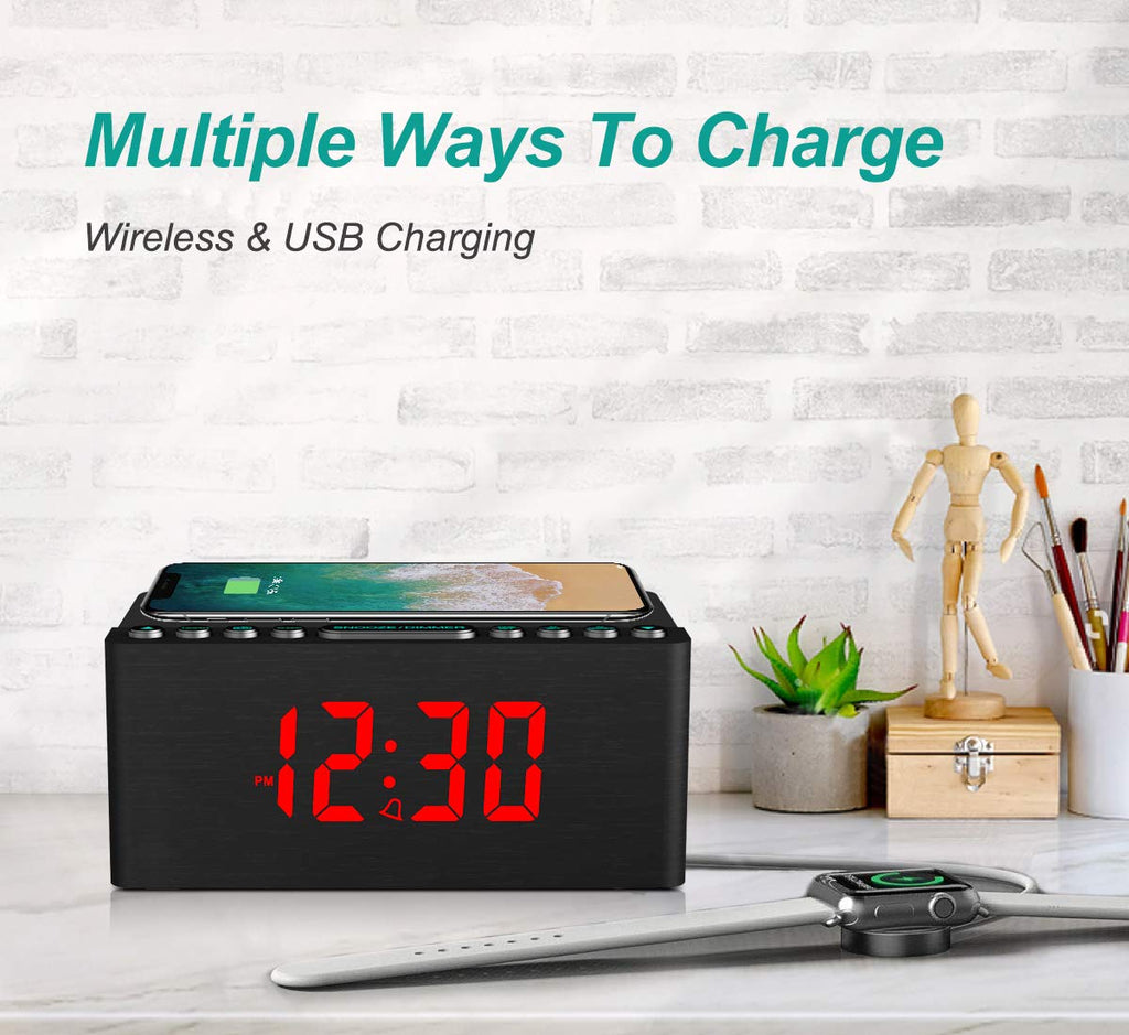 ANJANK Wooden Digital LED Alarm Clock FM Radio, Fast Wireless Charger Station for iPhone/Samsung Galaxy, 5 Level Dimmer, USB Charging Port, 9 Sounds, Sleep Timer for Bedroom, Bedside, Desk