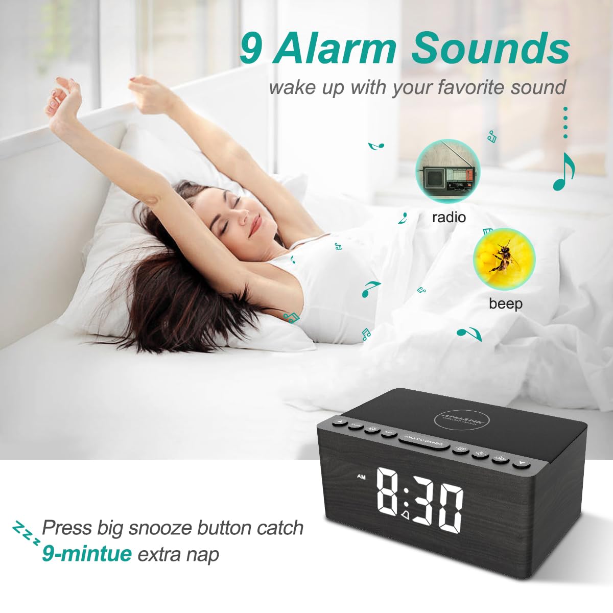 ANJANK Wooden Digital LED Alarm Clock FM Radio, Fast Wireless Charger Station for iPhone/Samsung Galaxy, 5 Level Dimmer, USB Charging Port, 9 Sounds, Sleep Timer for Bedroom, Bedside, Desk