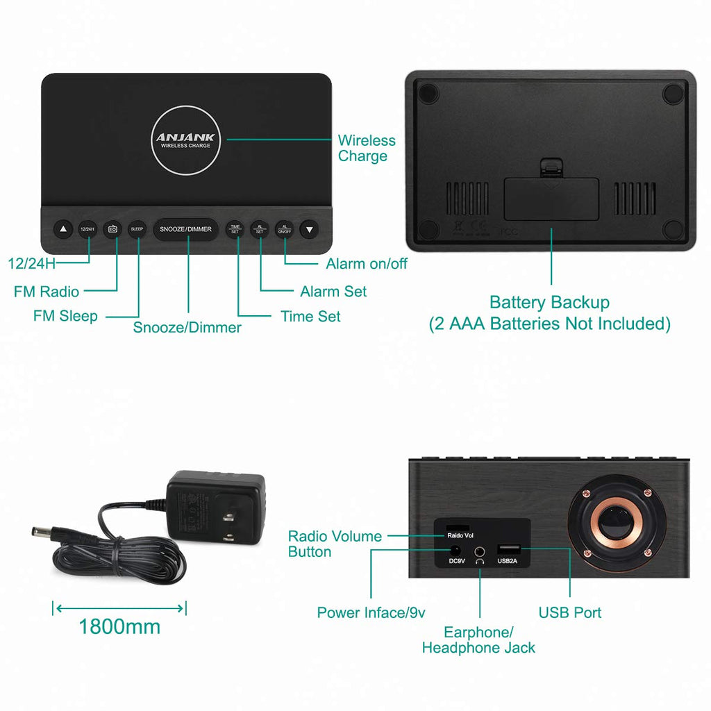 ANJANK Wooden Digital LED Alarm Clock FM Radio, Fast Wireless Charger Station for iPhone/Samsung Galaxy, 5 Level Dimmer, USB Charging Port, 9 Sounds, Sleep Timer for Bedroom, Bedside, Desk