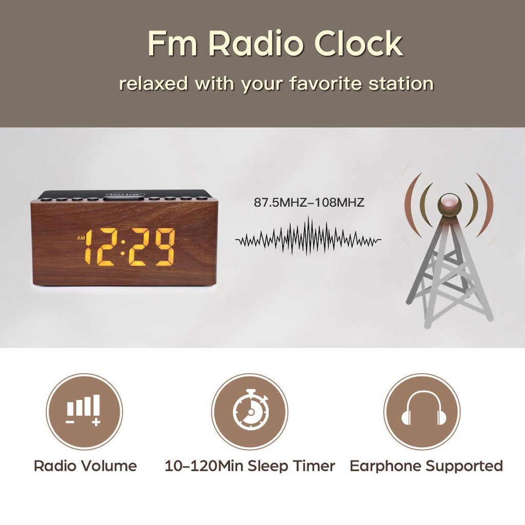 ANJANK Wooden Digital LED Alarm Clock FM Radio, Fast Wireless Charger Station for iPhone/Samsung Galaxy, 5 Level Dimmer, USB Charging Port, 9 Sounds, Sleep Timer for Bedroom, Bedside, Desk