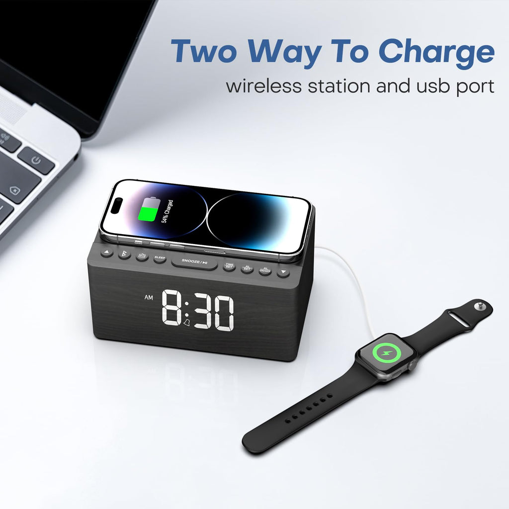 ANJANK Wooden Digital LED Alarm Clock FM Radio, Fast Wireless Charger Station for iPhone/Samsung Galaxy, 5 Level Dimmer, USB Charging Port, 9 Sounds, Sleep Timer for Bedroom, Bedside, Desk