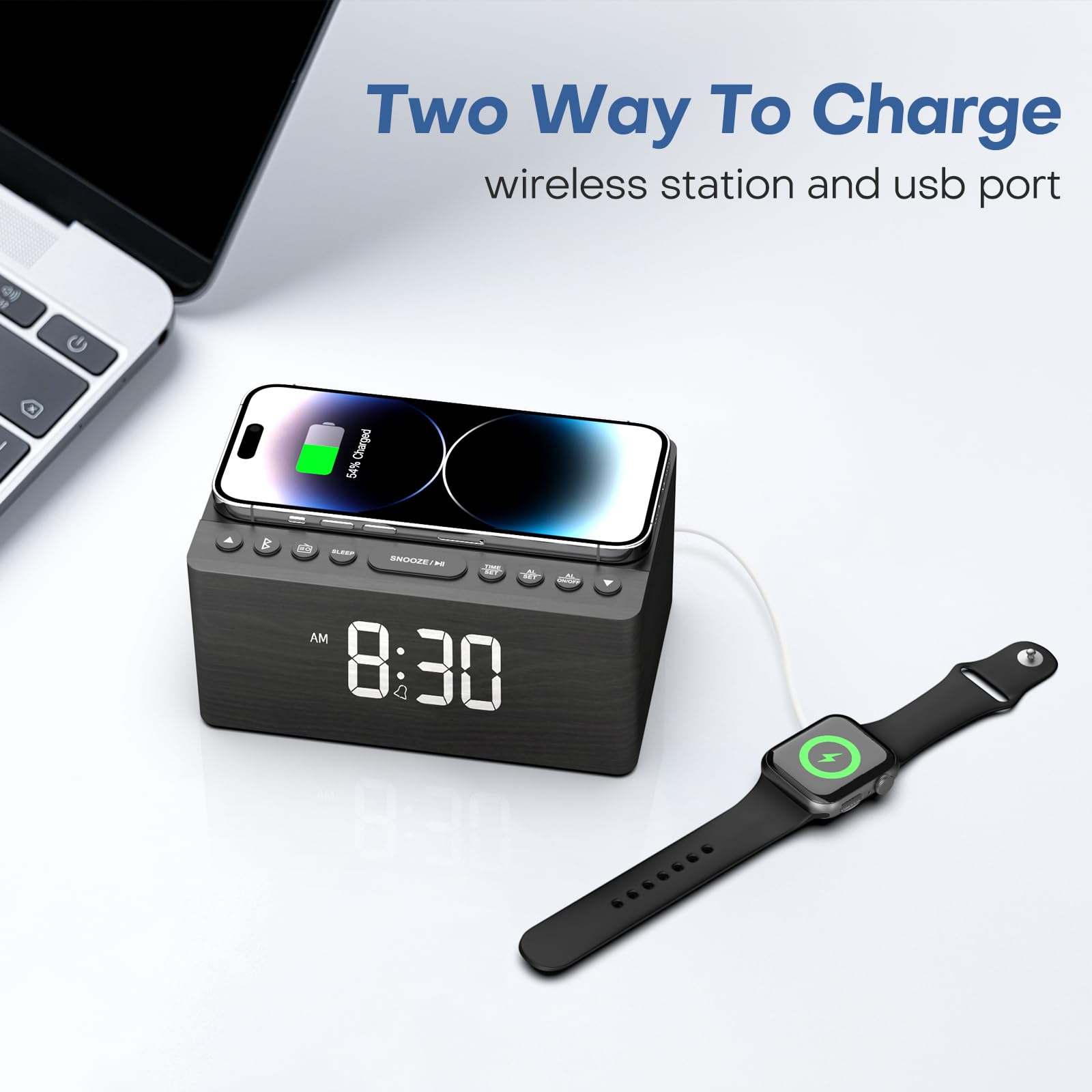 ANJANK Wooden Digital LED Alarm Clock FM Radio, Fast Wireless Charger Station for iPhone/Samsung Galaxy, 5 Level Dimmer, USB Charging Port, 9 Sounds, Sleep Timer for Bedroom, Bedside, Desk