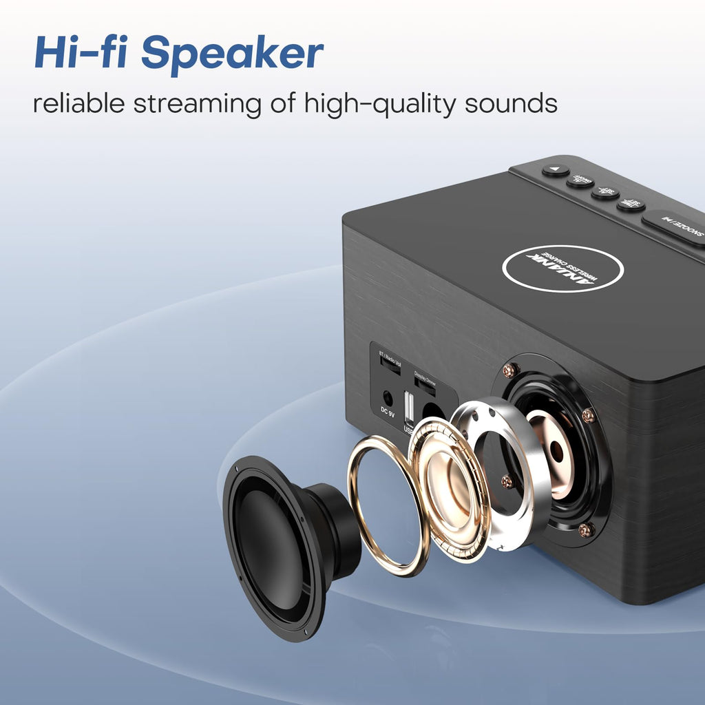 ANJANK Wooden Digital LED Alarm Clock FM Radio, Fast Wireless Charger Station for iPhone/Samsung Galaxy, 5 Level Dimmer, USB Charging Port, 9 Sounds, Sleep Timer for Bedroom, Bedside, Desk