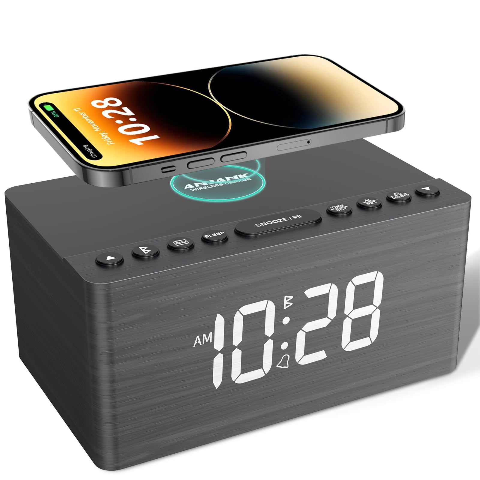 ANJANK Wooden Digital LED Alarm Clock FM Radio, Fast Wireless Charger Station for iPhone/Samsung Galaxy, 5 Level Dimmer, USB Charging Port, 9 Sounds, Sleep Timer for Bedroom, Bedside, Desk