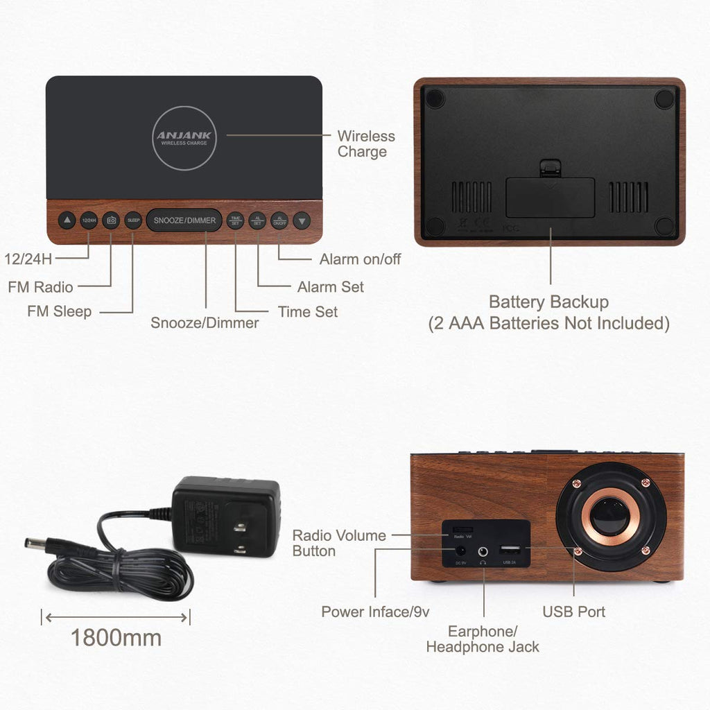 ANJANK Wooden Digital LED Alarm Clock FM Radio, Fast Wireless Charger Station for iPhone/Samsung Galaxy, 5 Level Dimmer, USB Charging Port, 9 Sounds, Sleep Timer for Bedroom, Bedside, Desk