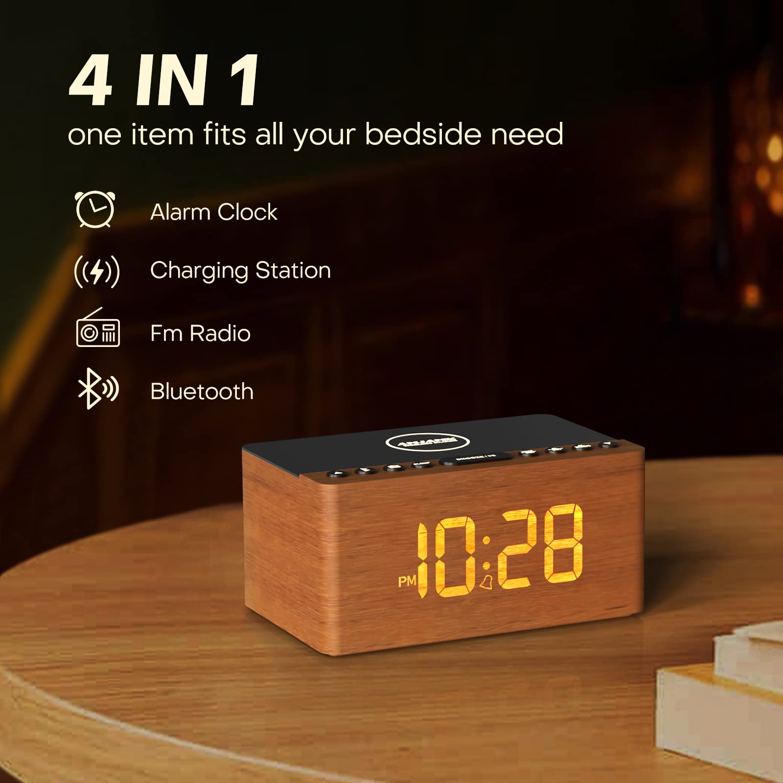 ANJANK Wooden Digital LED Alarm Clock FM Radio, Fast Wireless Charger Station for iPhone/Samsung Galaxy, 5 Level Dimmer, USB Charging Port, 9 Sounds, Sleep Timer for Bedroom, Bedside, Desk