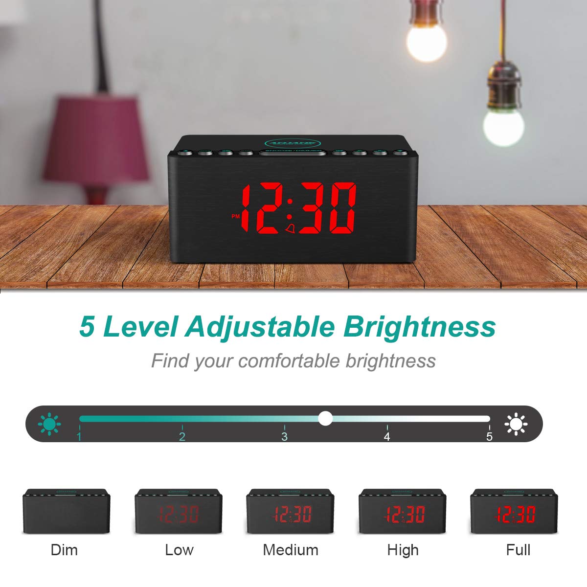 ANJANK Wooden Digital LED Alarm Clock FM Radio, Fast Wireless Charger Station for iPhone/Samsung Galaxy, 5 Level Dimmer, USB Charging Port, 9 Sounds, Sleep Timer for Bedroom, Bedside, Desk