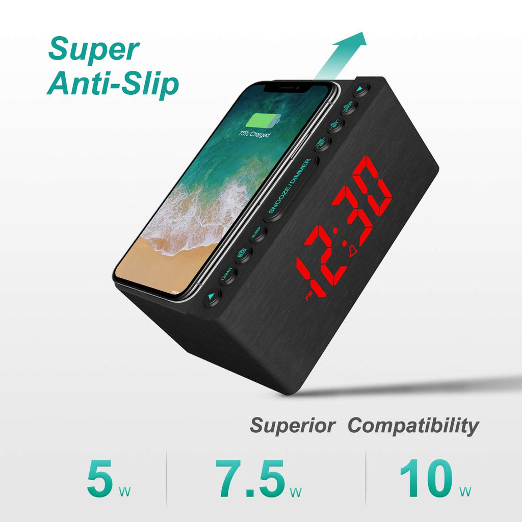 ANJANK Wooden Digital LED Alarm Clock FM Radio, Fast Wireless Charger Station for iPhone/Samsung Galaxy, 5 Level Dimmer, USB Charging Port, 9 Sounds, Sleep Timer for Bedroom, Bedside, Desk