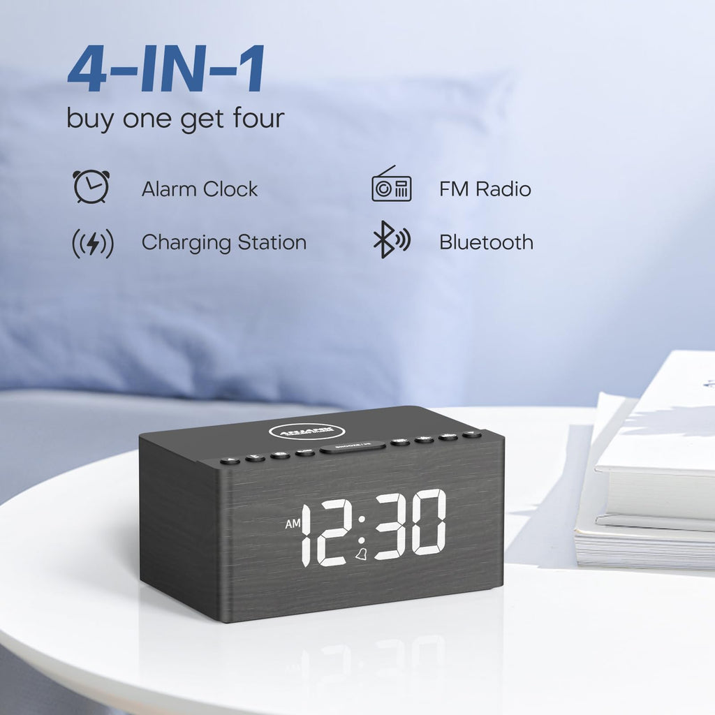 ANJANK Wooden Digital LED Alarm Clock FM Radio, Fast Wireless Charger Station for iPhone/Samsung Galaxy, 5 Level Dimmer, USB Charging Port, 9 Sounds, Sleep Timer for Bedroom, Bedside, Desk