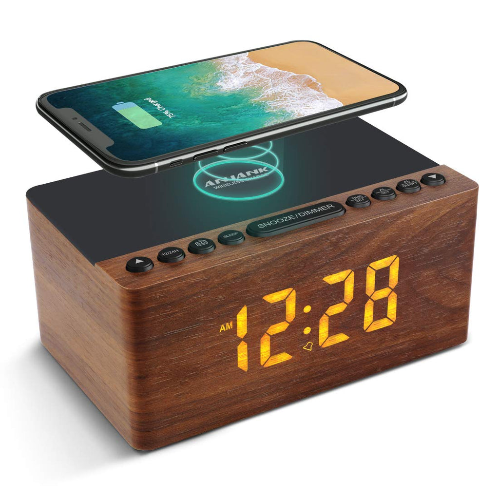 ANJANK Wooden Digital LED Alarm Clock FM Radio, Fast Wireless Charger Station for iPhone/Samsung Galaxy, 5 Level Dimmer, USB Charging Port, 9 Sounds, Sleep Timer for Bedroom, Bedside, Desk