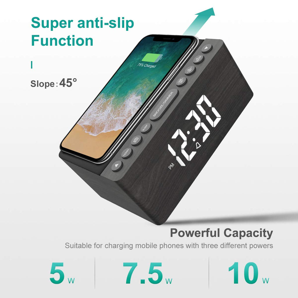 ANJANK Wooden Digital LED Alarm Clock FM Radio, Fast Wireless Charger Station for iPhone/Samsung Galaxy, 5 Level Dimmer, USB Charging Port, 9 Sounds, Sleep Timer for Bedroom, Bedside, Desk