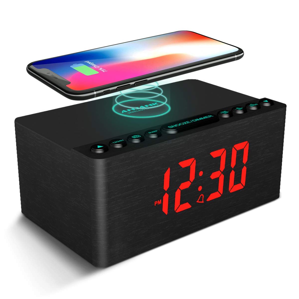 ANJANK Wooden Digital LED Alarm Clock FM Radio, Fast Wireless Charger Station for iPhone/Samsung Galaxy, 5 Level Dimmer, USB Charging Port, 9 Sounds, Sleep Timer for Bedroom, Bedside, Desk