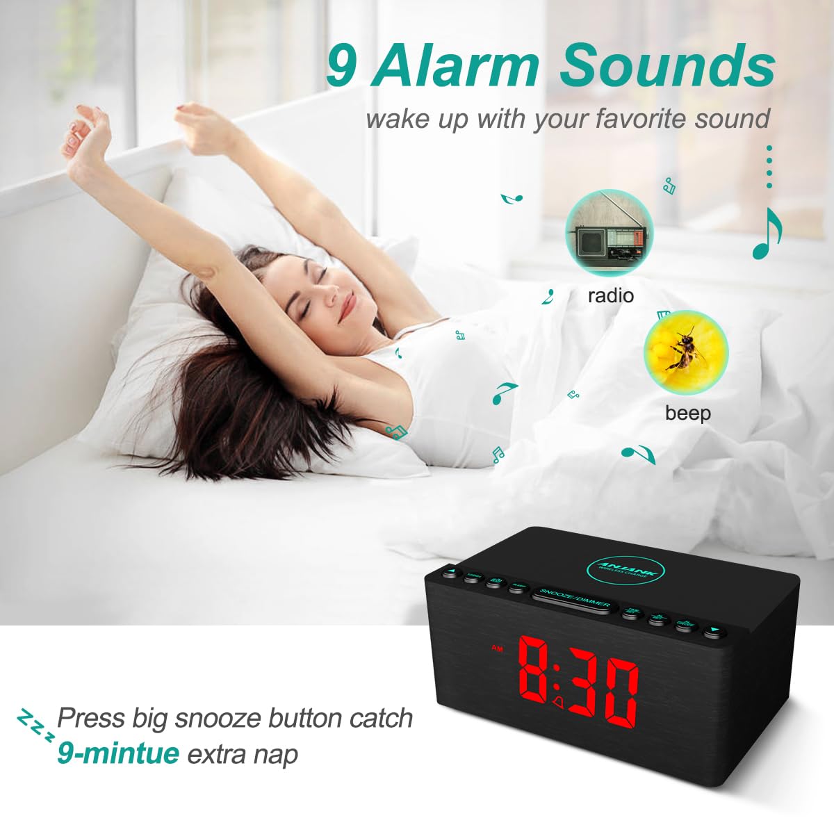 ANJANK Wooden Digital LED Alarm Clock FM Radio, Fast Wireless Charger Station for iPhone/Samsung Galaxy, 5 Level Dimmer, USB Charging Port, 9 Sounds, Sleep Timer for Bedroom, Bedside, Desk