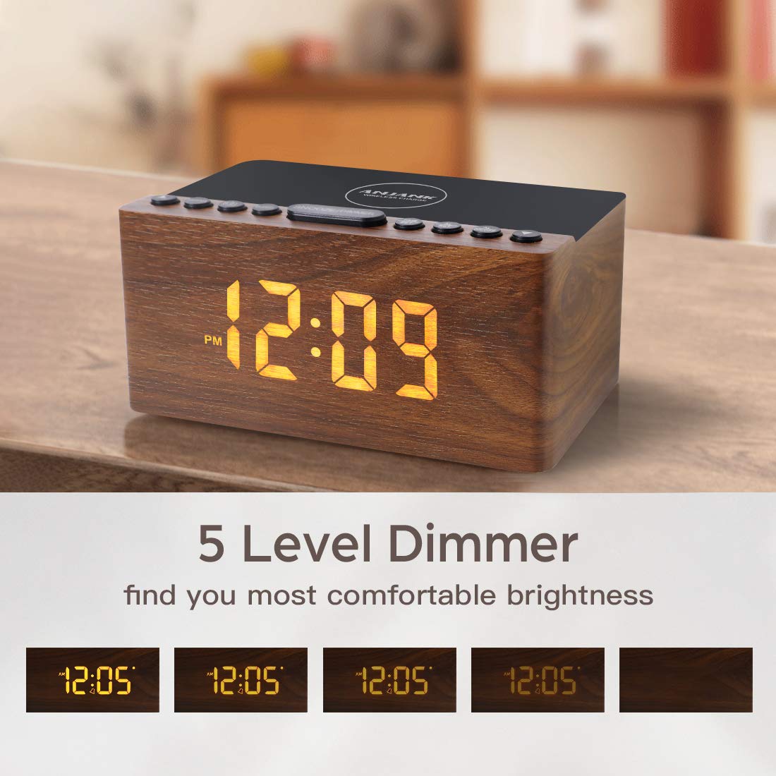 ANJANK Wooden Digital LED Alarm Clock FM Radio, Fast Wireless Charger Station for iPhone/Samsung Galaxy, 5 Level Dimmer, USB Charging Port, 9 Sounds, Sleep Timer for Bedroom, Bedside, Desk