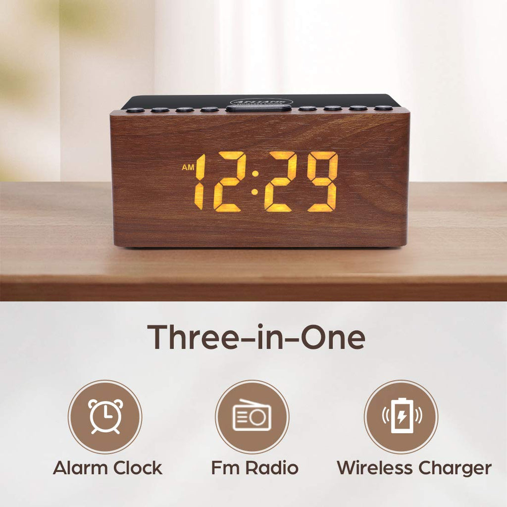 ANJANK Wooden Digital LED Alarm Clock FM Radio, Fast Wireless Charger Station for iPhone/Samsung Galaxy, 5 Level Dimmer, USB Charging Port, 9 Sounds, Sleep Timer for Bedroom, Bedside, Desk