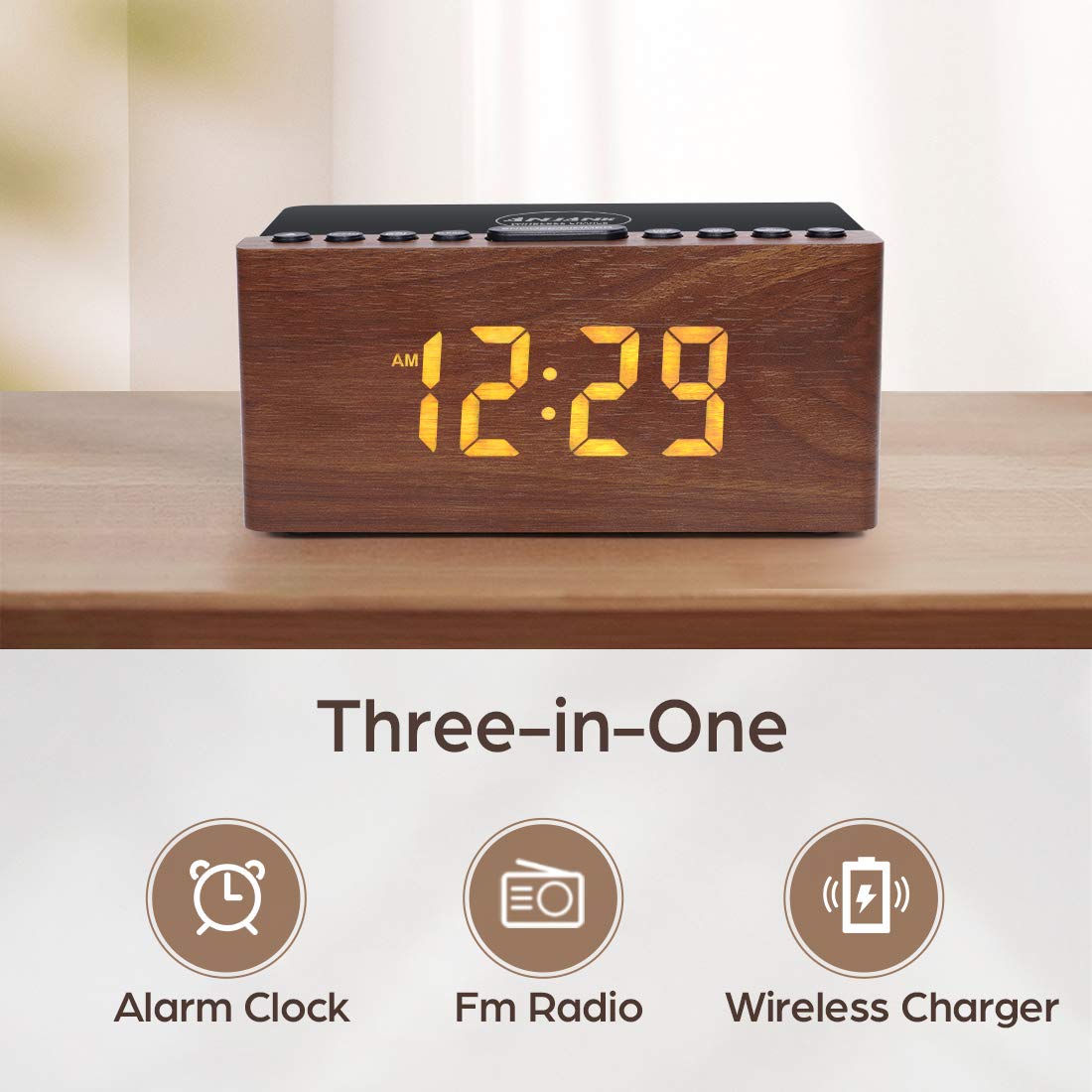 ANJANK Wooden Digital LED Alarm Clock FM Radio, Fast Wireless Charger Station for iPhone/Samsung Galaxy, 5 Level Dimmer, USB Charging Port, 9 Sounds, Sleep Timer for Bedroom, Bedside, Desk