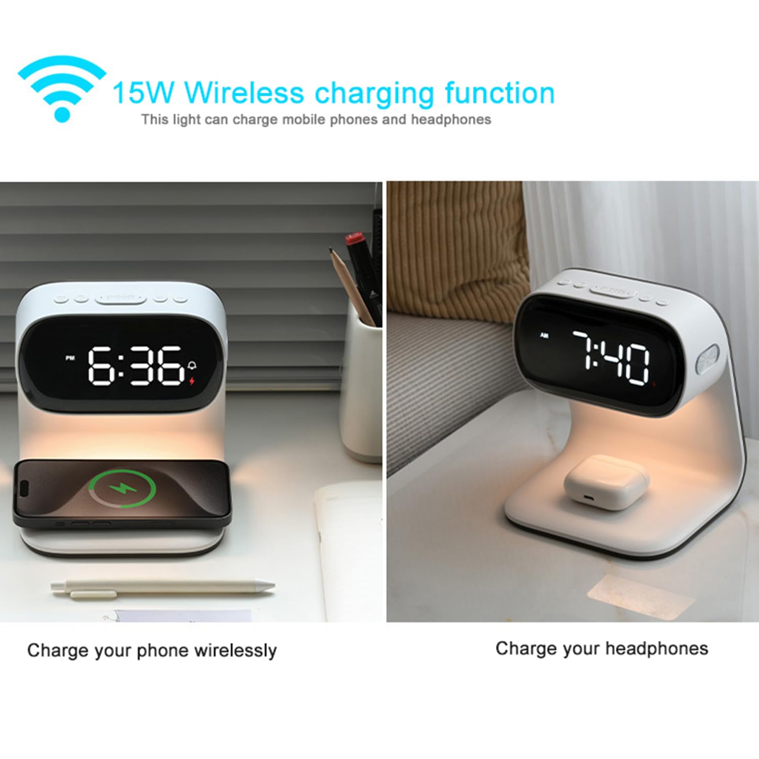 Digital Alarm Clock with Wireless Fast Charging Station 15W Touch Smart Lamp for Bedside,3 Colors Nightlight Adjustment Night Lamp for Living Room,Bedside,Heavy Sleepers (Woodgrain+Cable&Adapter)