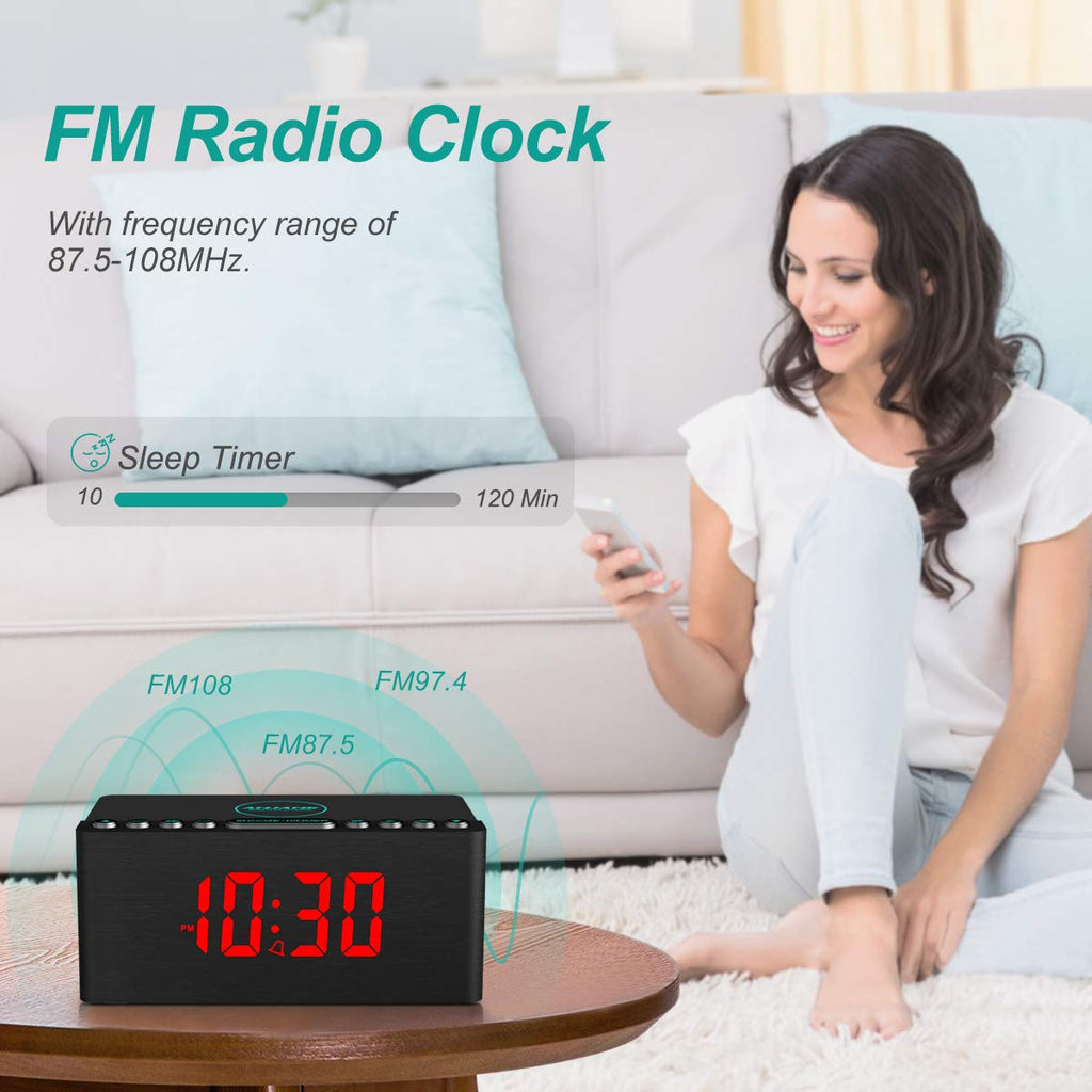 ANJANK Wooden Digital LED Alarm Clock FM Radio, Fast Wireless Charger Station for iPhone/Samsung Galaxy, 5 Level Dimmer, USB Charging Port, 9 Sounds, Sleep Timer for Bedroom, Bedside, Desk