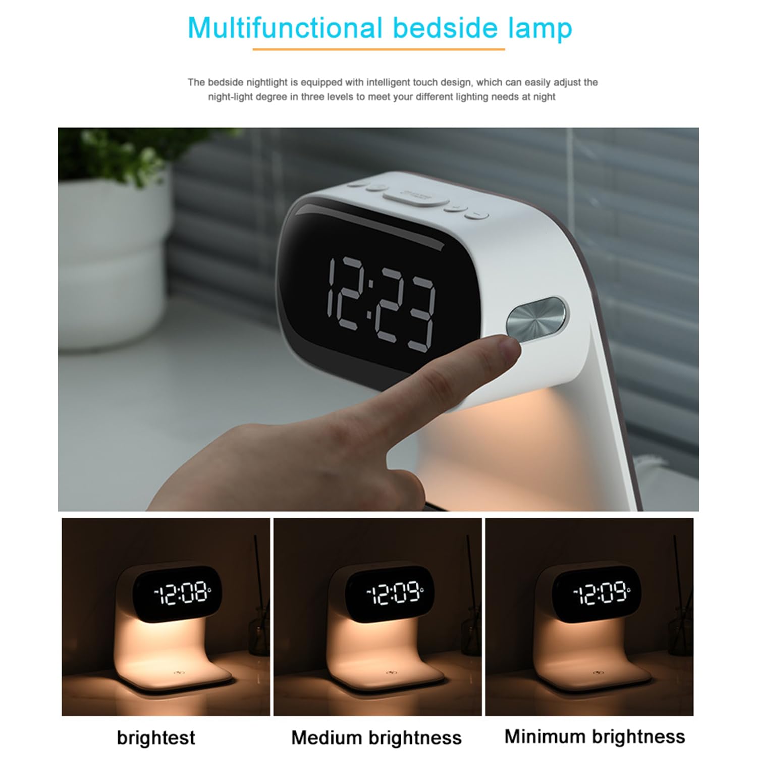 Digital Alarm Clock with Wireless Fast Charging Station 15W Touch Smart Lamp for Bedside,3 Colors Nightlight Adjustment Night Lamp for Living Room,Bedside,Heavy Sleepers (Woodgrain+Cable&Adapter)