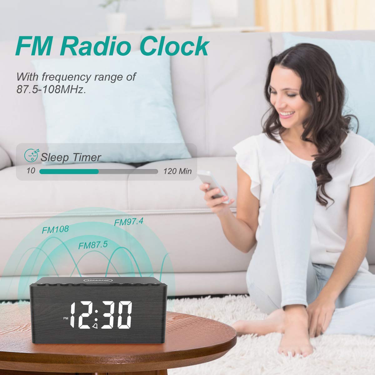 ANJANK Wooden Digital LED Alarm Clock FM Radio, Fast Wireless Charger Station for iPhone/Samsung Galaxy, 5 Level Dimmer, USB Charging Port, 9 Sounds, Sleep Timer for Bedroom, Bedside, Desk