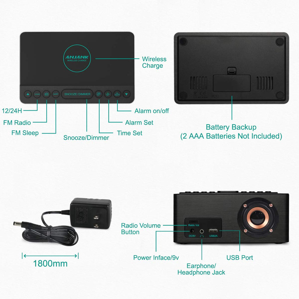 ANJANK Wooden Digital LED Alarm Clock FM Radio, Fast Wireless Charger Station for iPhone/Samsung Galaxy, 5 Level Dimmer, USB Charging Port, 9 Sounds, Sleep Timer for Bedroom, Bedside, Desk