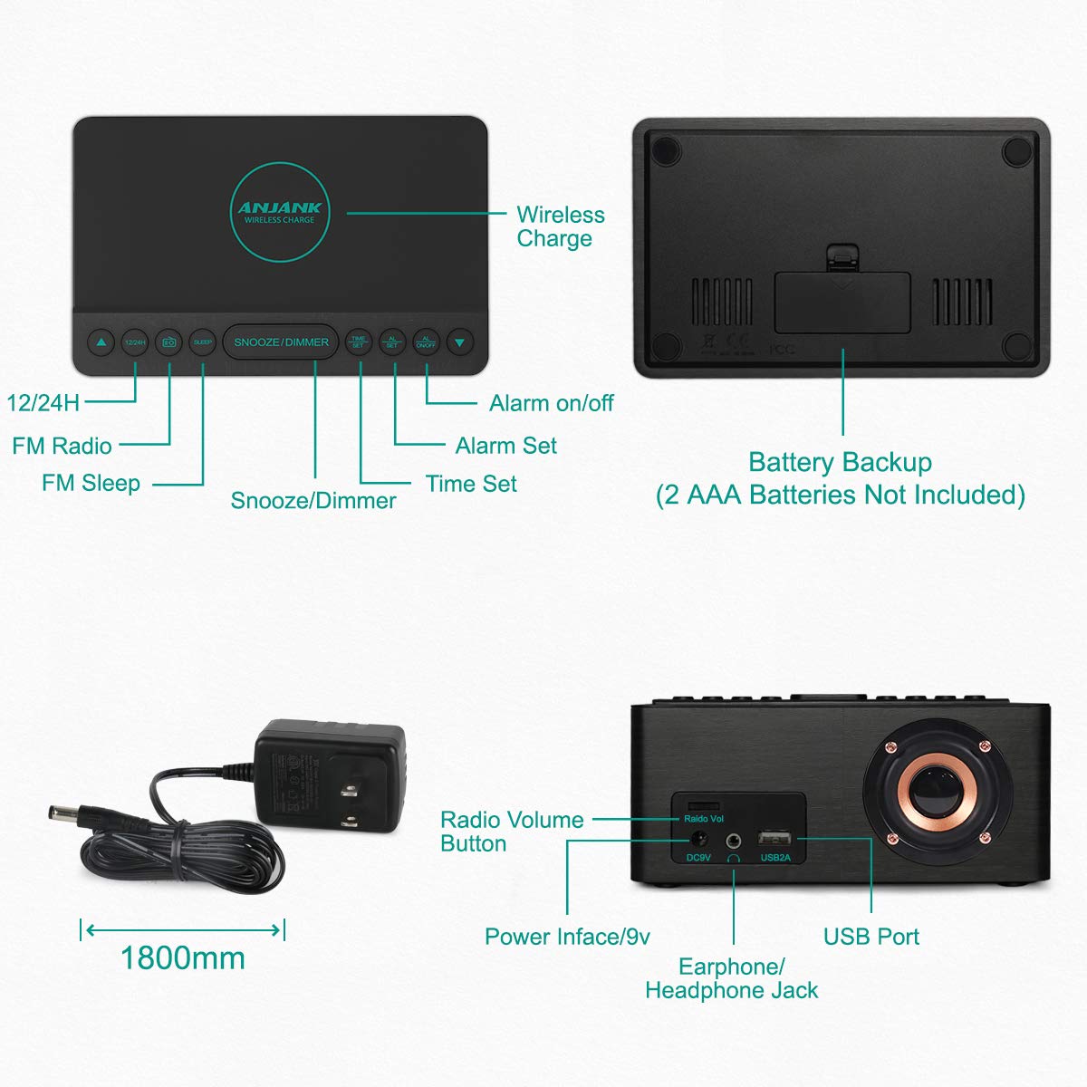 ANJANK Wooden Digital LED Alarm Clock FM Radio, Fast Wireless Charger Station for iPhone/Samsung Galaxy, 5 Level Dimmer, USB Charging Port, 9 Sounds, Sleep Timer for Bedroom, Bedside, Desk