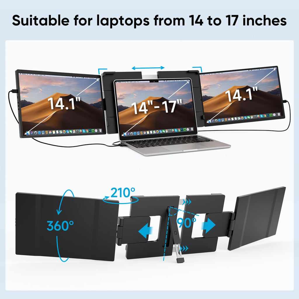 14" Laptop Screen Extender,FHD 1200P IPS Triple Portable Monitor,Dual Travel Screen Plug & Play,Laptop Monitor Extender for 14"-17.3",Compatible with Windows/Mac/Android & Chrome OS
