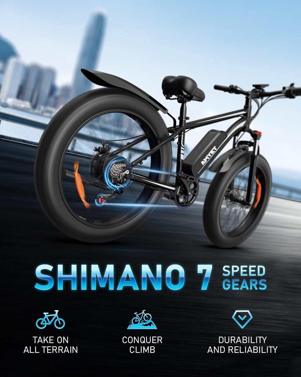 AMYET EB26 Electric Bike for Adults Peak 1500W Electric Bicycle 48V 15AH (720WH) Battery Electric Bike 26" Fat Tire Mountain 28mph 7 Speed Gears Ebike
