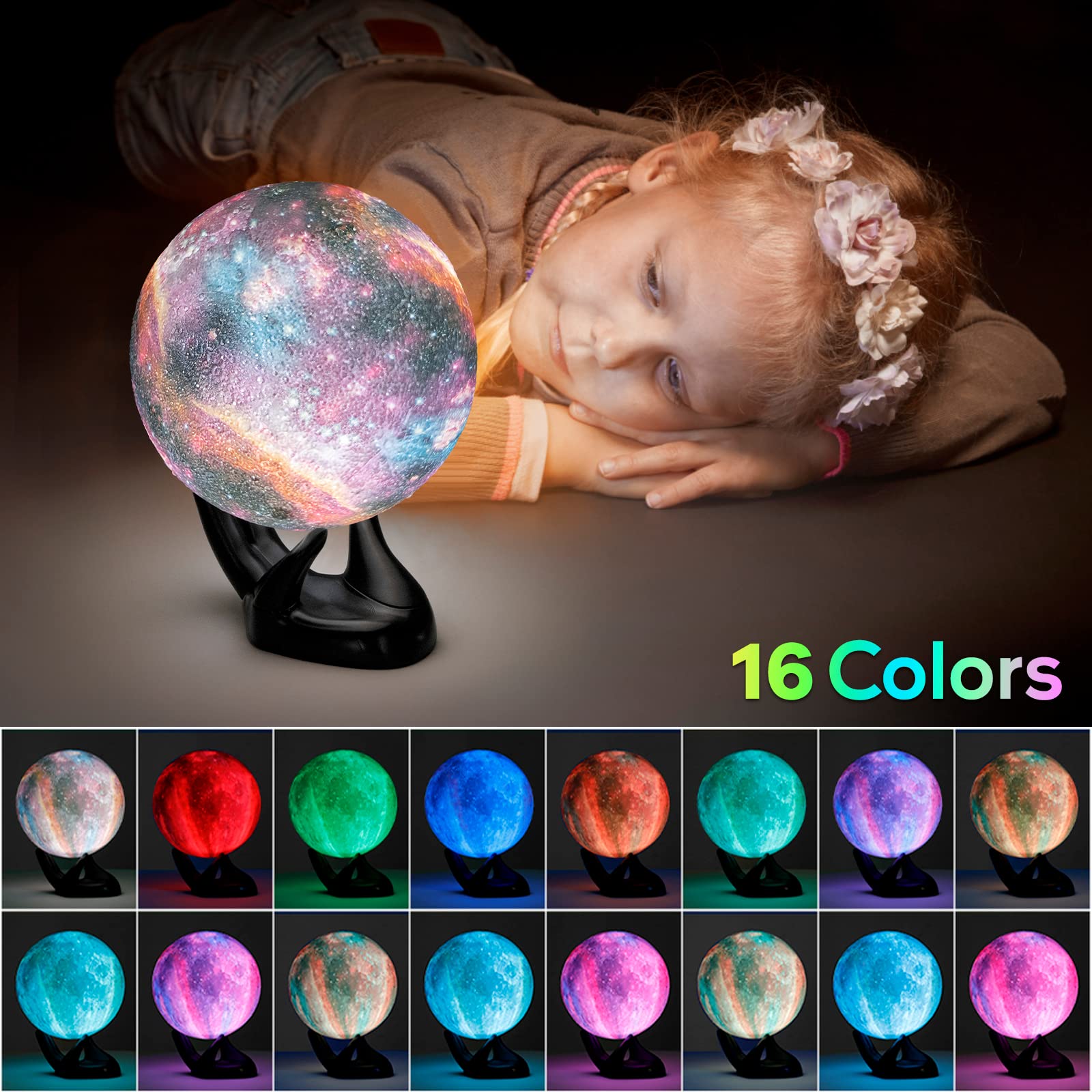 BRIGHTWORLD Moon Lamp Galaxy Lamp 5.9 inch 16 Colors LED 3D Moon Light, Remote & Touch Control Moon Night Light Christmas Gifts for Girls Boys Kids Women Birthday