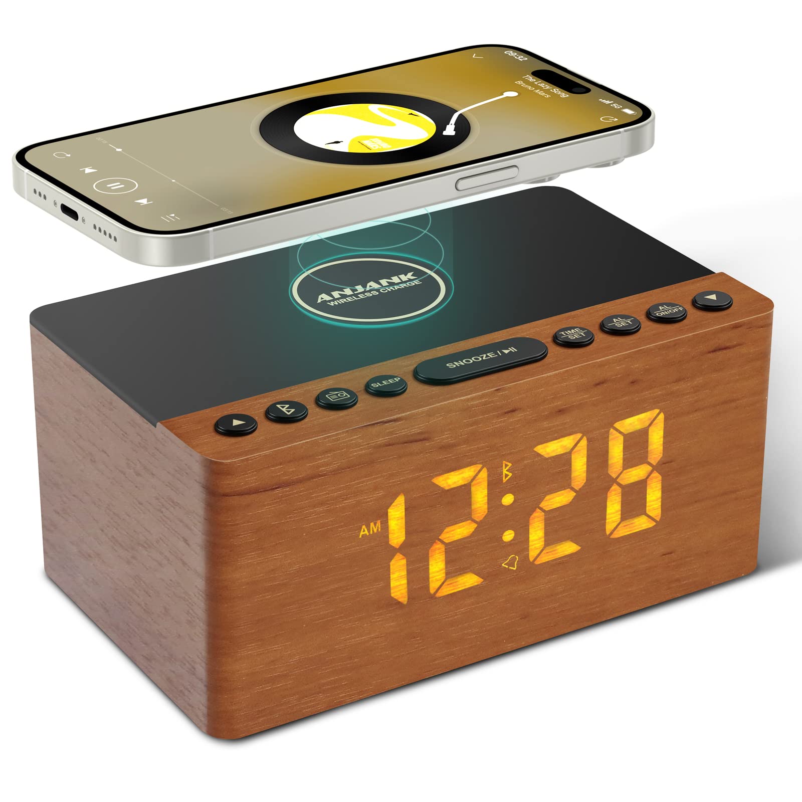 ANJANK Wooden Digital LED Alarm Clock FM Radio, Fast Wireless Charger Station for iPhone/Samsung Galaxy, 5 Level Dimmer, USB Charging Port, 9 Sounds, Sleep Timer for Bedroom, Bedside, Desk