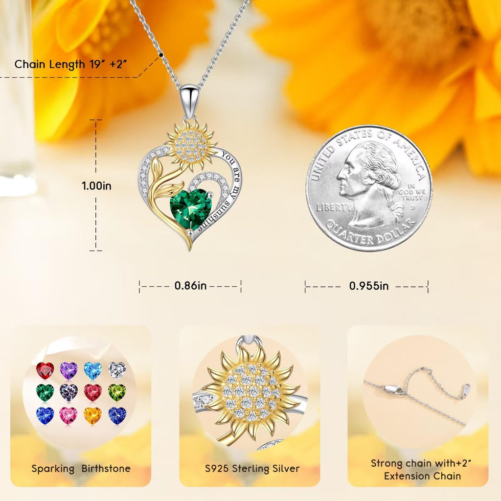 Iefil Christmas Gifts for Women Wife - Sunflower Birthstone Necklace for Women, Anniversary Birthday Gifts 925 Sterling Silver Heart Pendant You Are My Sunshine Jewelry for Girlfriend Mom Daughter