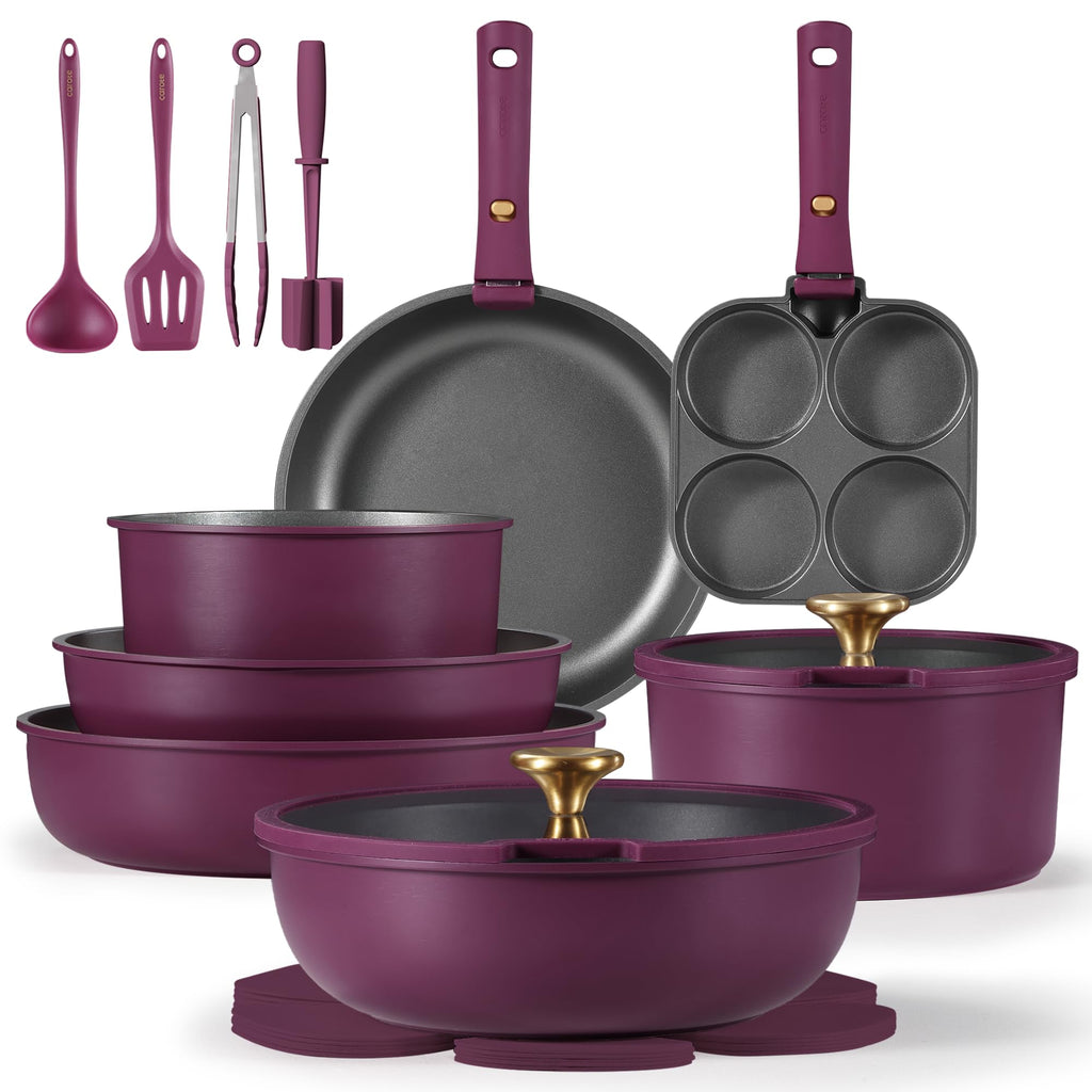 CAROTE 21pcs Pots and Pans Set, Nonstick Cookware Set Detachable Handle, Induction Kitchen Cookware Sets Non Stick with Removable Handle, RV Cookware Set, Gold and Purple