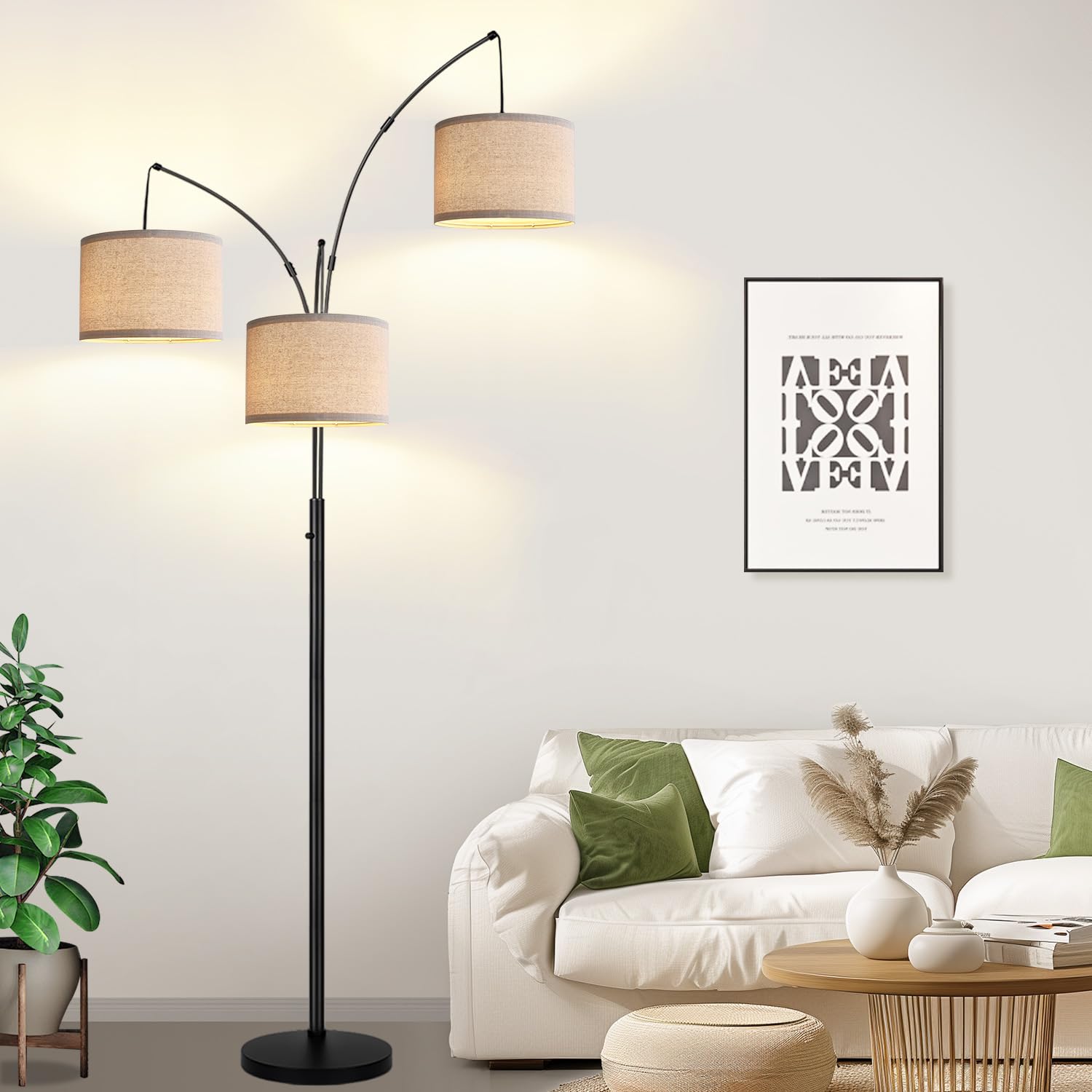 Dimmable Floor Lamp, 3 Lights Black Arc Floor Lamps for Living Room, Modern Tall Standing Tree Lamp with Linen Shade & Heavy Base, Large Floor Lamp for Bedroom Office, 3x1000 LM LED Bulbs Included