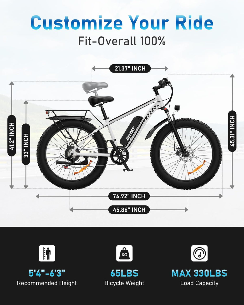 AMYET EB26 Electric Bike for Adults Peak 1500W Electric Bicycle 48V 15AH (720WH) Battery Electric Bike 26" Fat Tire Mountain 28mph 7 Speed Gears Ebike