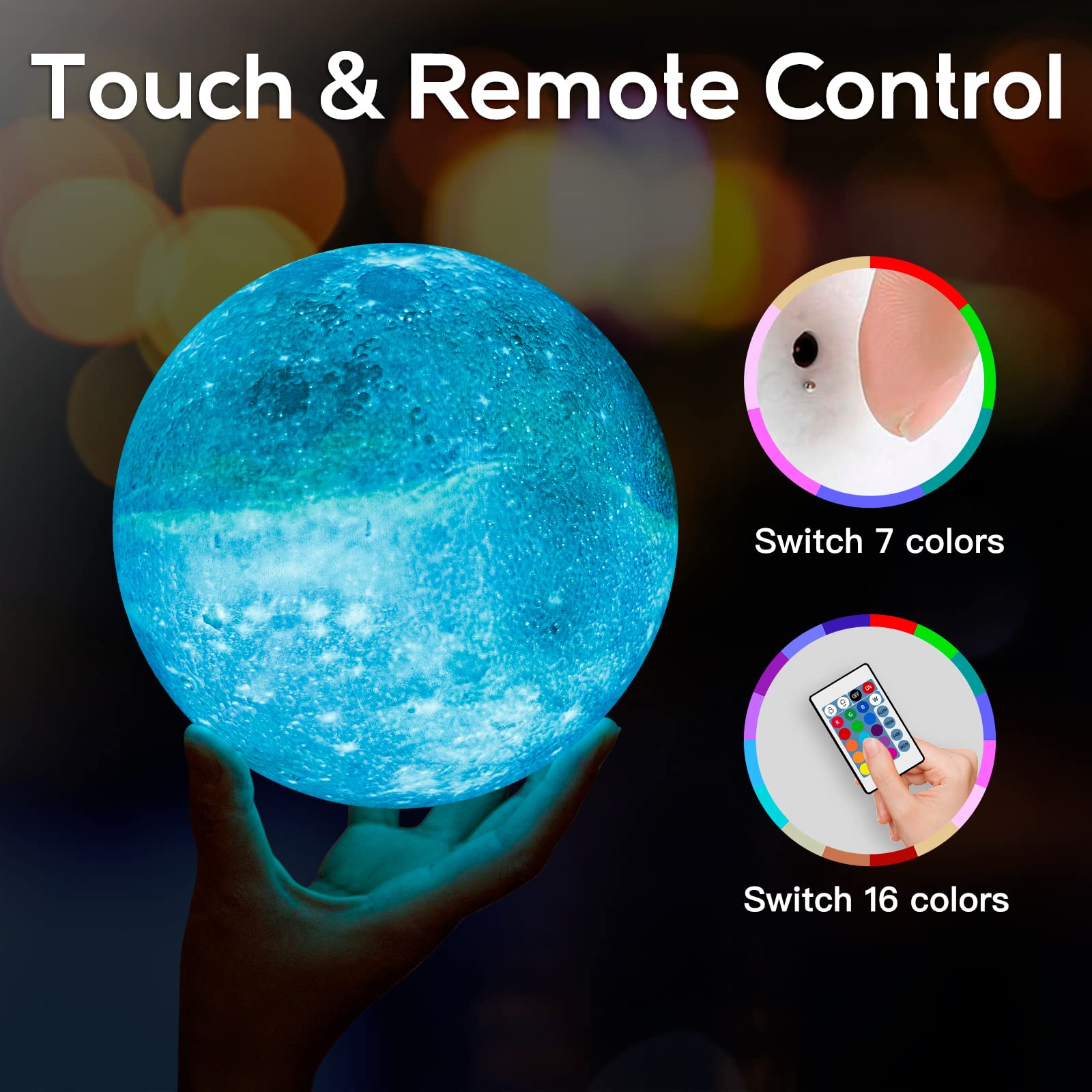 BRIGHTWORLD Moon Lamp Galaxy Lamp 5.9 inch 16 Colors LED 3D Moon Light, Remote & Touch Control Moon Night Light Christmas Gifts for Girls Boys Kids Women Birthday