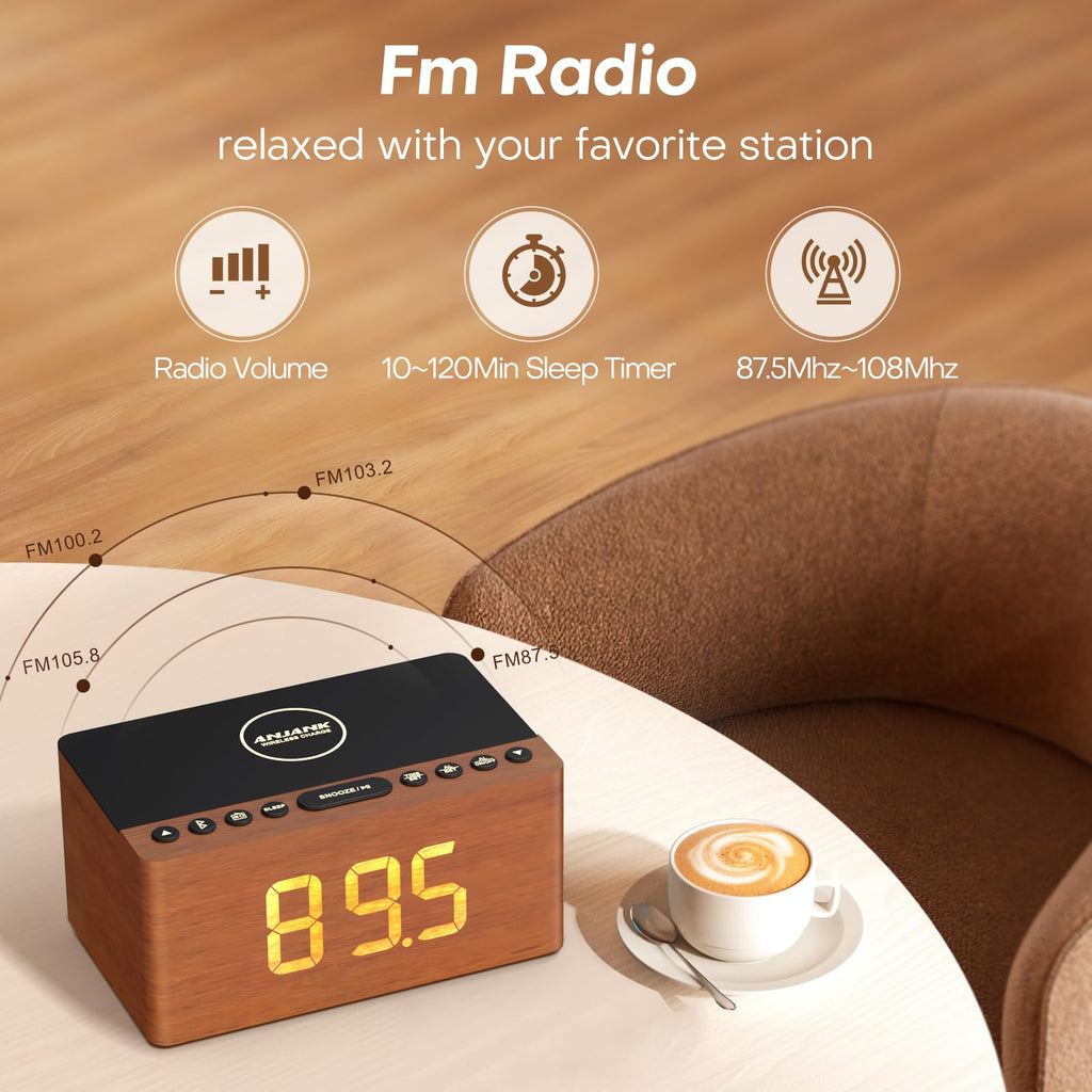 ANJANK Wooden Digital LED Alarm Clock FM Radio, Fast Wireless Charger Station for iPhone/Samsung Galaxy, 5 Level Dimmer, USB Charging Port, 9 Sounds, Sleep Timer for Bedroom, Bedside, Desk