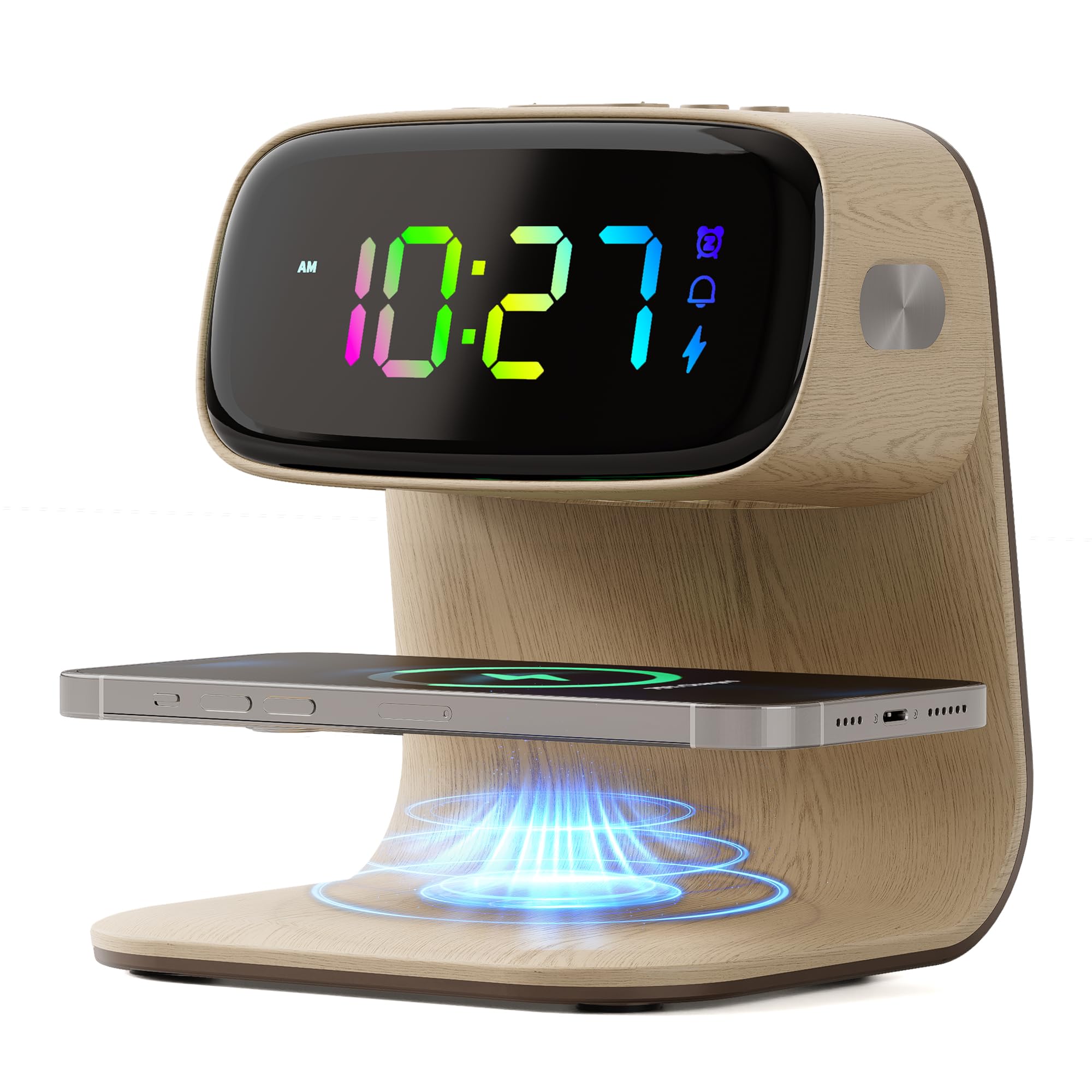 Digital Alarm Clock with Wireless Fast Charging Station 15W Touch Smart Lamp for Bedside,3 Colors Nightlight Adjustment Night Lamp for Living Room,Bedside,Heavy Sleepers (Woodgrain+Cable&Adapter)