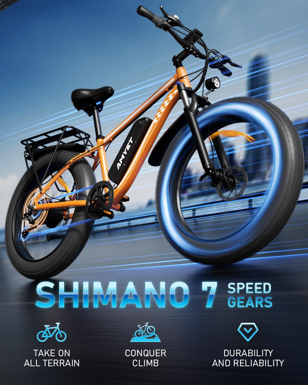 AMYET EB26 Electric Bike for Adults Peak 1500W Electric Bicycle 48V 15AH (720WH) Battery Electric Bike 26" Fat Tire Mountain 28mph 7 Speed Gears Ebike