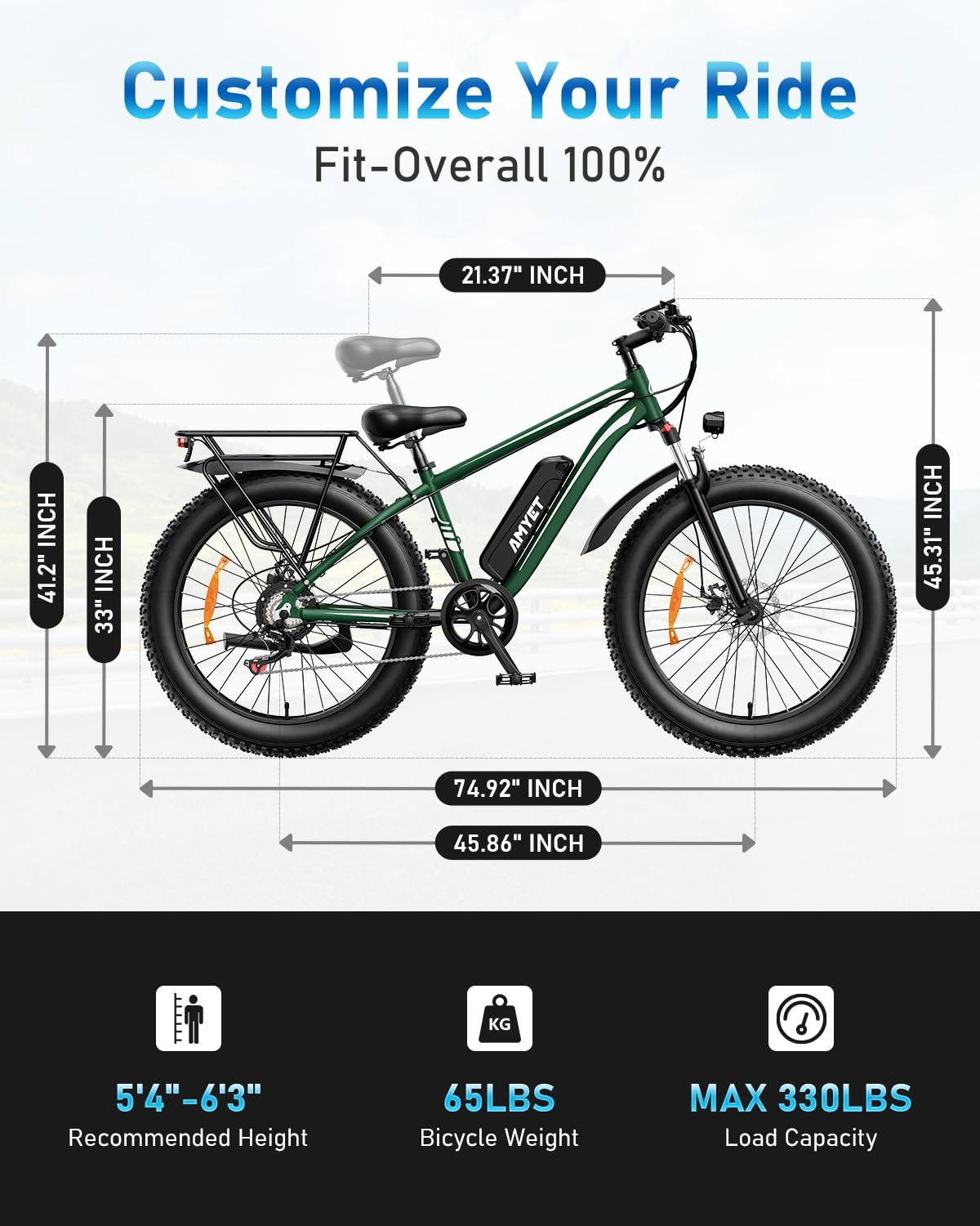 AMYET EB26 Electric Bike for Adults Peak 1500W Electric Bicycle 48V 15AH (720WH) Battery Electric Bike 26" Fat Tire Mountain 28mph 7 Speed Gears Ebike