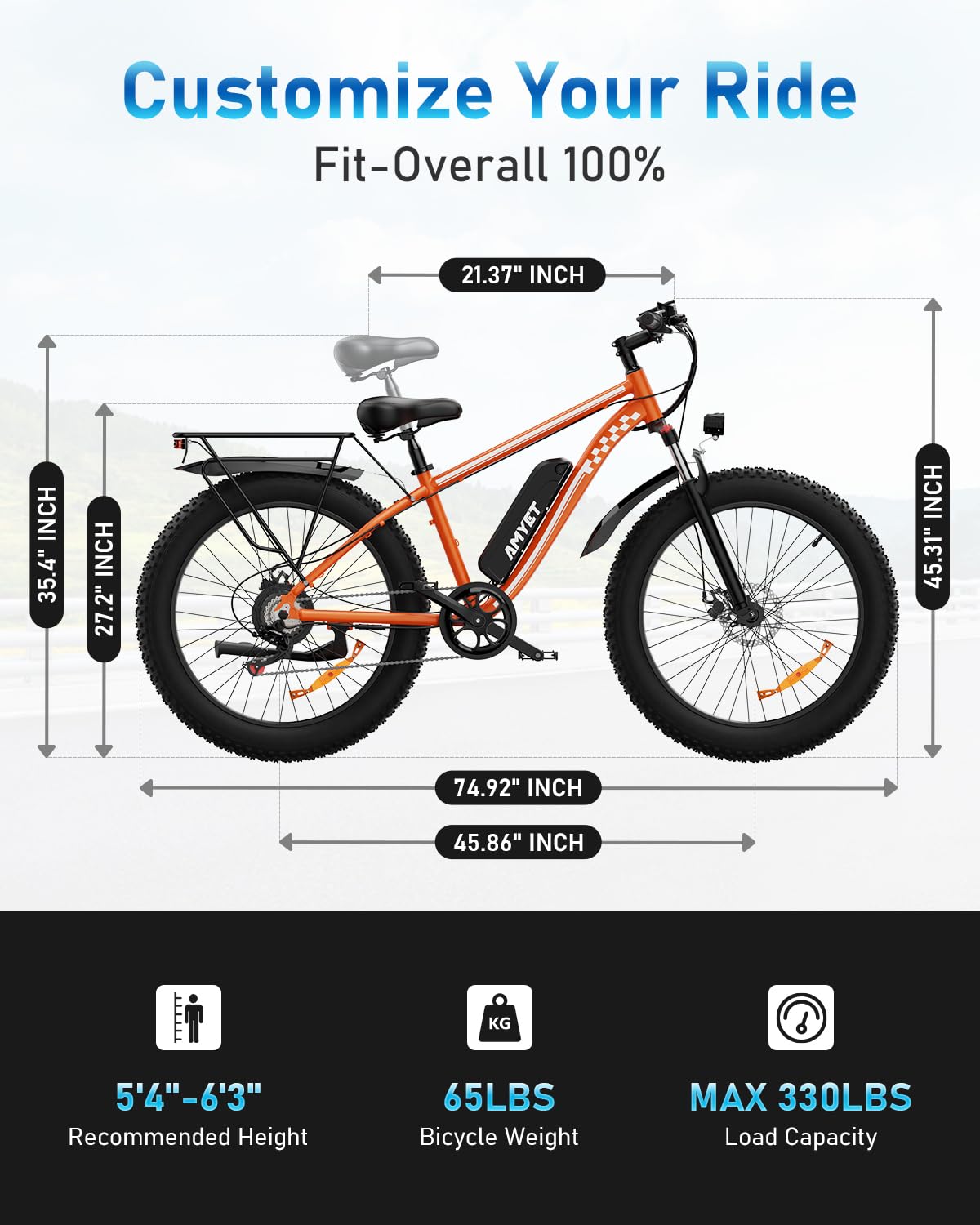 AMYET EB26 Electric Bike for Adults Peak 1500W Electric Bicycle 48V 15AH (720WH) Battery Electric Bike 26" Fat Tire Mountain 28mph 7 Speed Gears Ebike