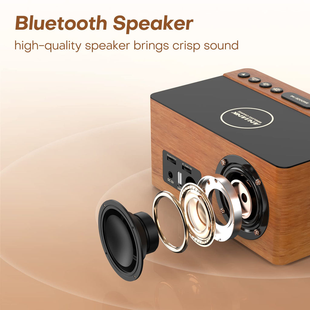 ANJANK Wooden Digital LED Alarm Clock FM Radio, Fast Wireless Charger Station for iPhone/Samsung Galaxy, 5 Level Dimmer, USB Charging Port, 9 Sounds, Sleep Timer for Bedroom, Bedside, Desk
