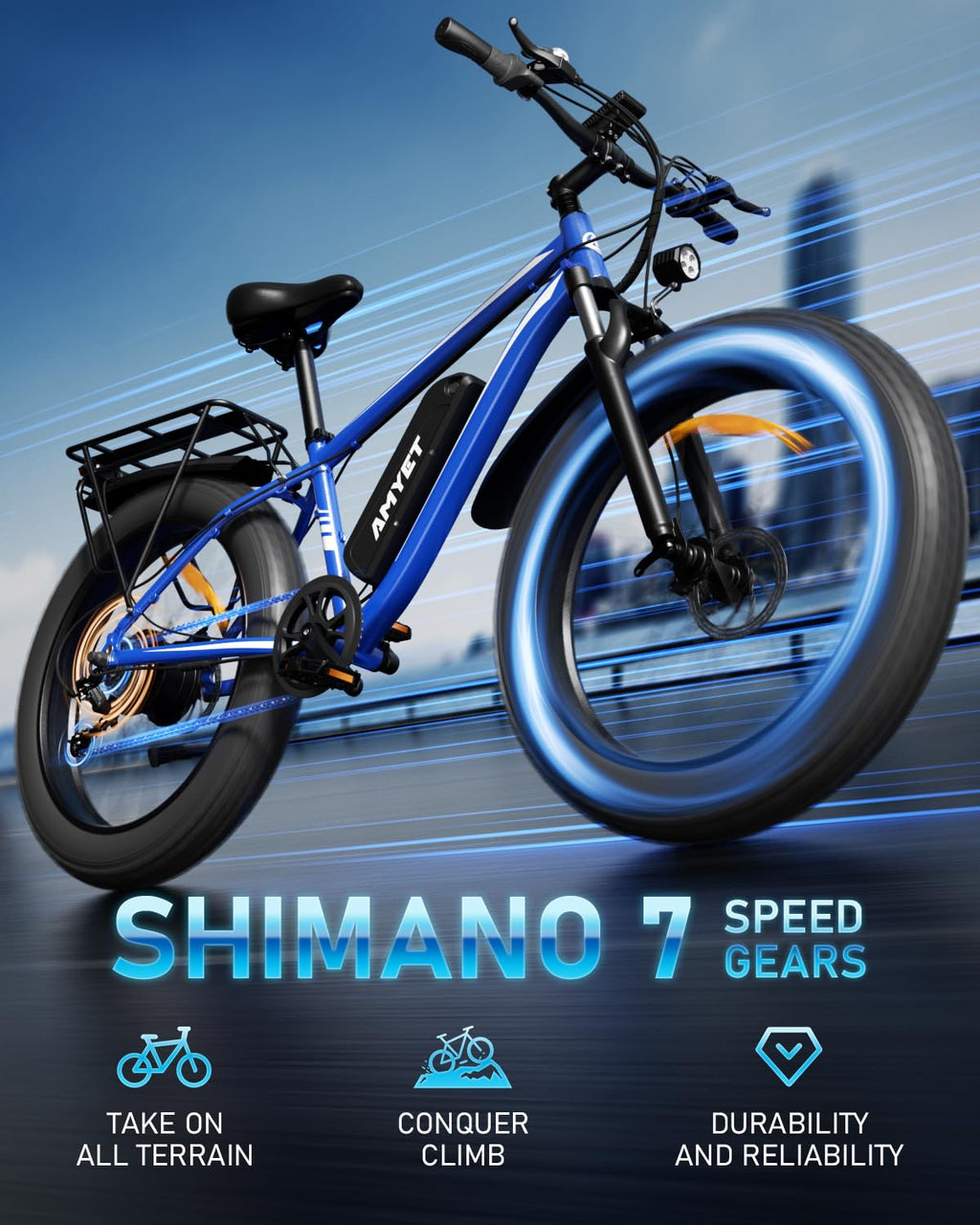 AMYET EB26 Electric Bike for Adults Peak 1500W Electric Bicycle 48V 15AH (720WH) Battery Electric Bike 26" Fat Tire Mountain 28mph 7 Speed Gears Ebike