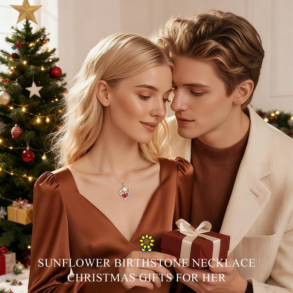 Iefil Christmas Gifts for Women Wife - Sunflower Birthstone Necklace for Women, Anniversary Birthday Gifts 925 Sterling Silver Heart Pendant You Are My Sunshine Jewelry for Girlfriend Mom Daughter