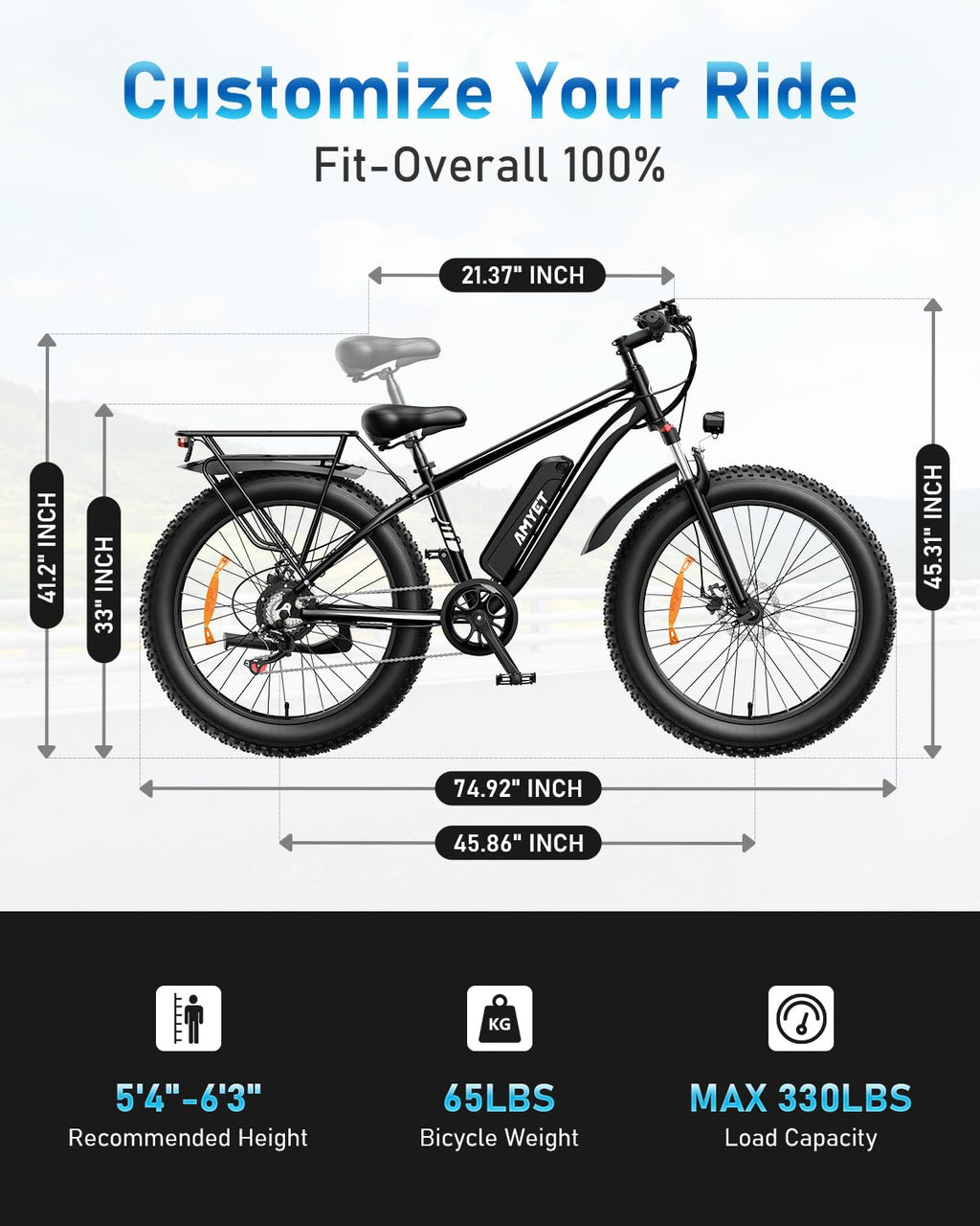 AMYET EB26 Electric Bike for Adults Peak 1500W Electric Bicycle 48V 15AH (720WH) Battery Electric Bike 26" Fat Tire Mountain 28mph 7 Speed Gears Ebike
