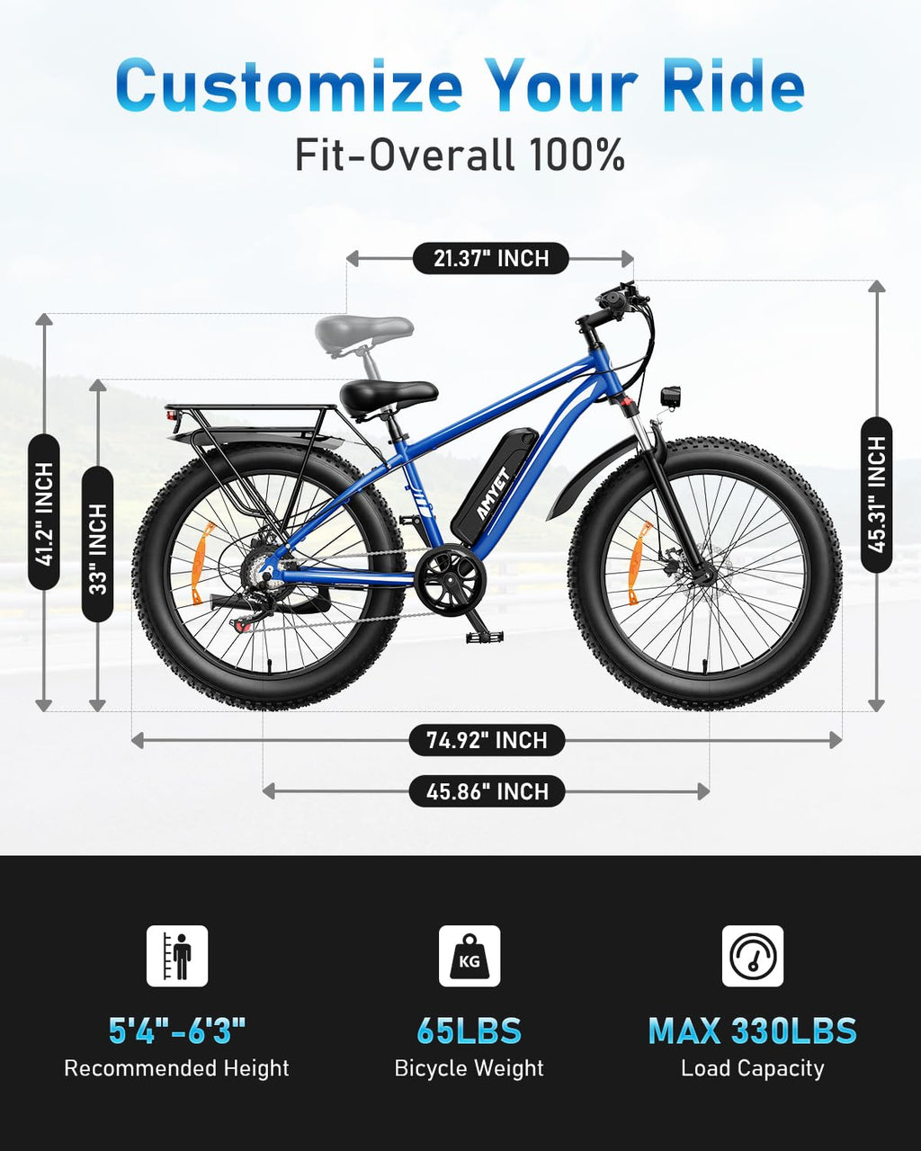 AMYET EB26 Electric Bike for Adults Peak 1500W Electric Bicycle 48V 15AH (720WH) Battery Electric Bike 26" Fat Tire Mountain 28mph 7 Speed Gears Ebike