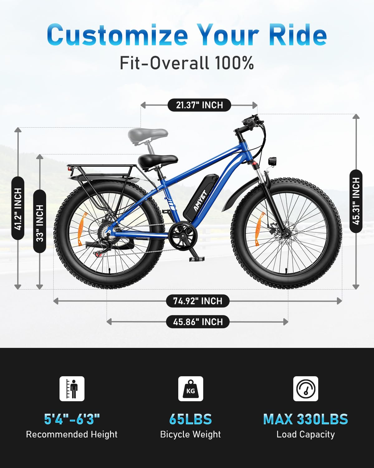 AMYET EB26 Electric Bike for Adults Peak 1500W Electric Bicycle 48V 15AH (720WH) Battery Electric Bike 26" Fat Tire Mountain 28mph 7 Speed Gears Ebike