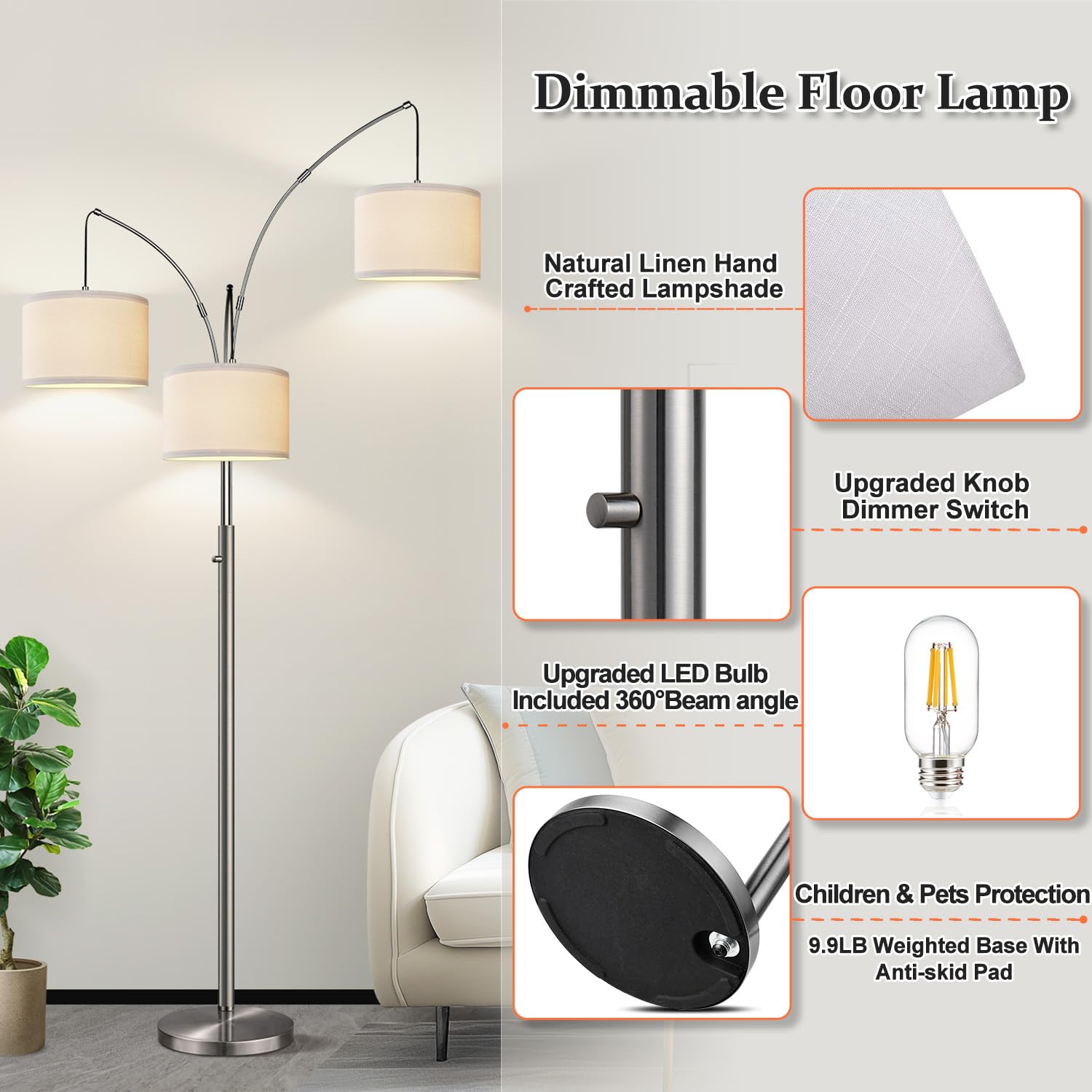 Dimmable Floor Lamp, 3 Lights Black Arc Floor Lamps for Living Room, Modern Tall Standing Tree Lamp with Linen Shade & Heavy Base, Large Floor Lamp for Bedroom Office, 3x1000 LM LED Bulbs Included