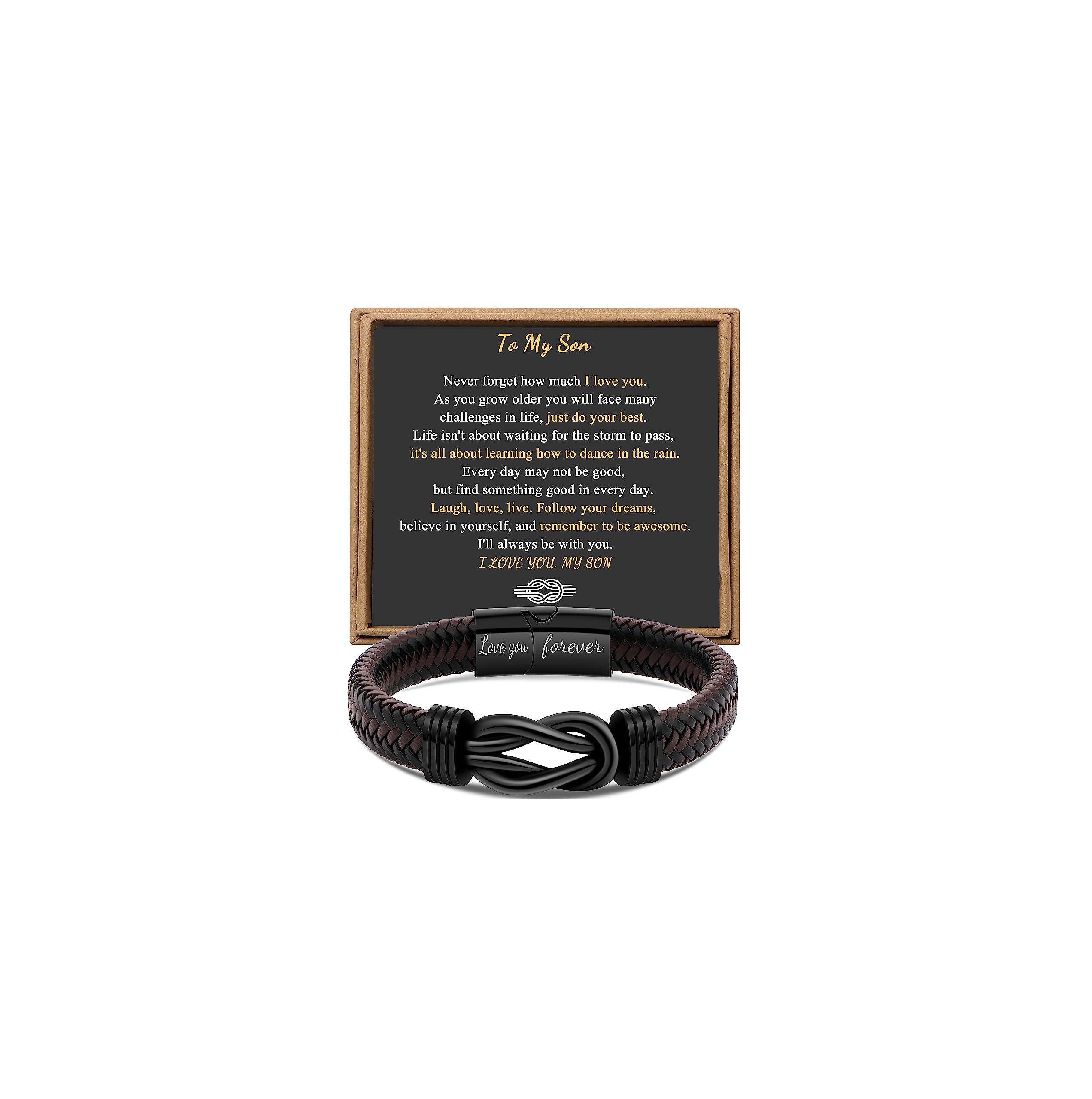 Gift for Men Infinity Bracelet for Men Dad Husband Boyfriend Son Grandson Brother Nephew Uncle Brown Braided Leather Forever Linked Together Stainless Steel Engraved with Love You Forever Jewelry 7.5|8.5|9 Inches