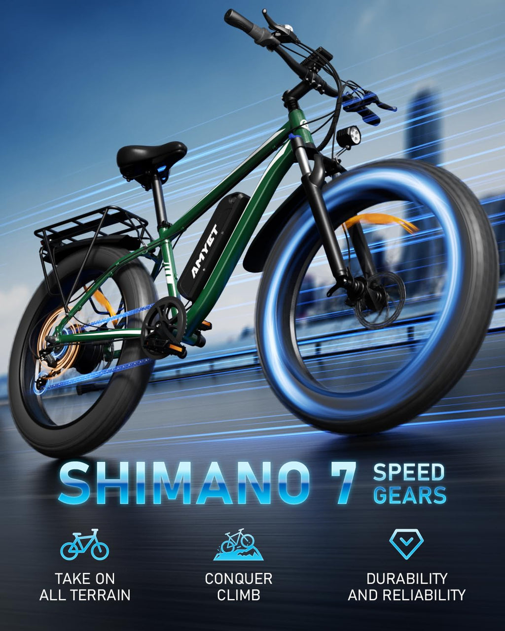AMYET EB26 Electric Bike for Adults Peak 1500W Electric Bicycle 48V 15AH (720WH) Battery Electric Bike 26" Fat Tire Mountain 28mph 7 Speed Gears Ebike